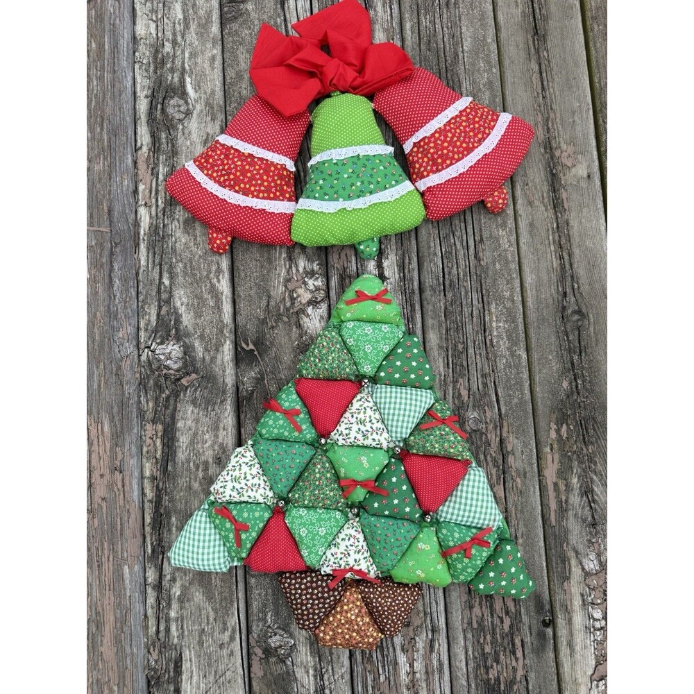 Handmade Quilted Patchwork Christmas Tree Wall Hanging with Jingle Bells Vintage